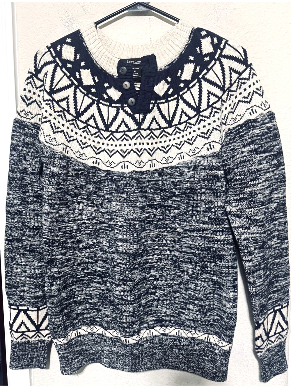 Love Cameron Fair Isle Sweater Mens Size M Navy Blue 100% cotton Henley